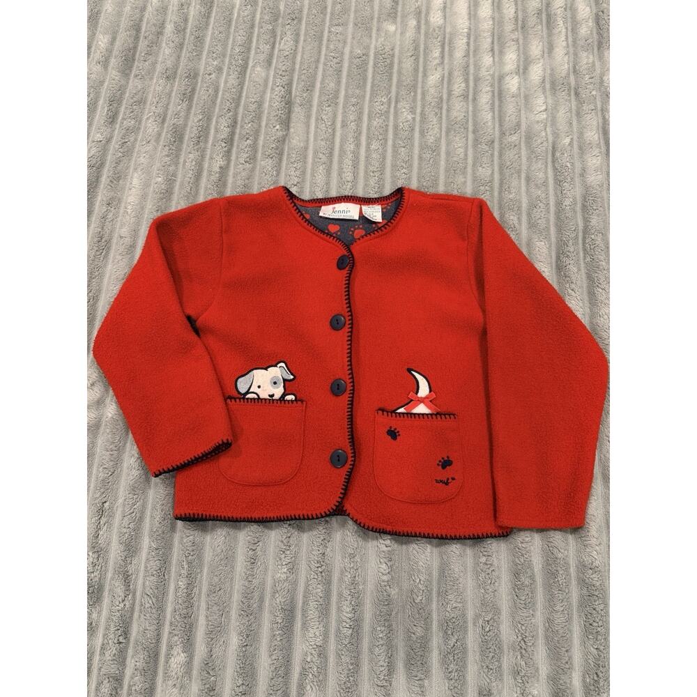 JENNI Fleece Sweater with Dog - Red Button Cardigan 5 Medium Kids